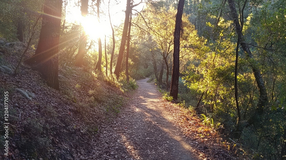 Fototapeta premium A peaceful trail through a forest with sunlight peeking through the trees, promoting health.