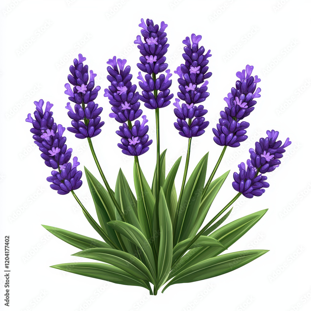 Fototapeta premium Lavender flowers with green leaves, vibrant purple color, isolated on white