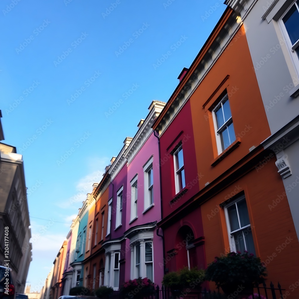 Fototapeta premium Colorful terraced houses under a clear blue sky.