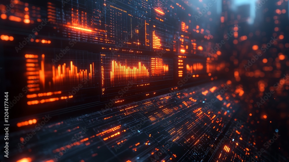 Fototapeta premium Futuristic digital data stream with illuminated graphs and charts in motion