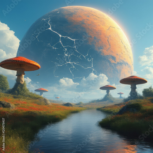 Otherworldly, cinematic world ending scenery, a giant cracked planet with energetic veins floating above a beautiful landscape with a river and mushroom like alien trees, end of the world, apocalypse photo