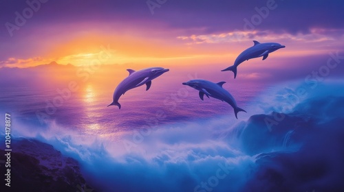 Three dolphins leap joyfully over ocean waves at sunset.