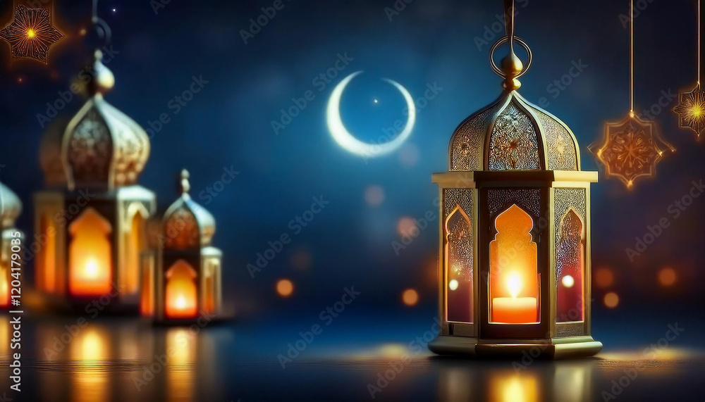 Obraz premium Beautifully Illuminated Mosque with Golden Domes and Minarets Under a Starry Night Sky with Hanging Lights