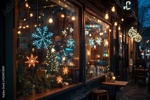 Wallpaper Mural Festive storefront at night with warm lighting, Christmas decorations, and outdoor seating. Torontodigital.ca