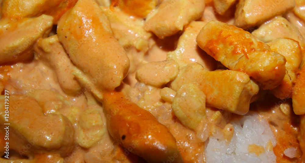 chicken stroganoff with rice. meal details. closeup on food. chicken stroganoff with rice. meal details. closeup on food.