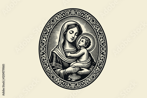 Vintage vector engraving of Madonna and Child  in ornate emblem