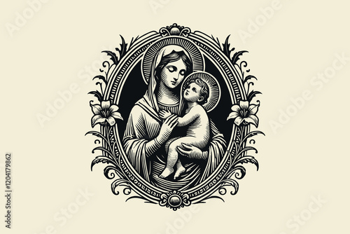 Vintage vector engraving of Madonna and Child Jesus in ornate emblem