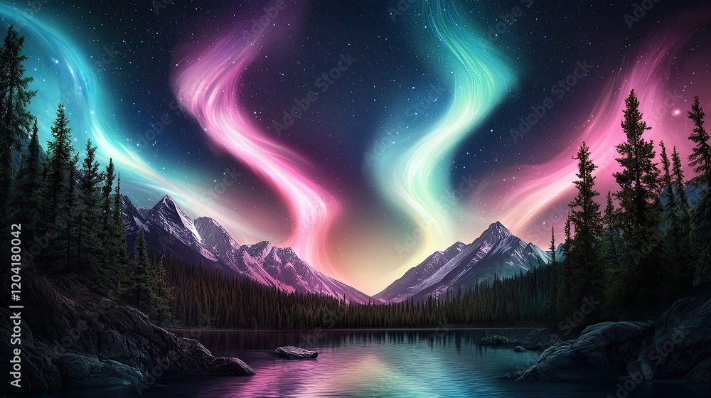 Obraz premium Stunning views of the Northern Lights over iconic Canadian landscapes like Banff or Yukon, featuring dreamy pastel neon streaks and soft, minimalistic cartoon-inspired accents