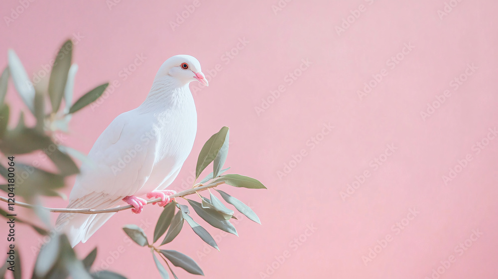 Obraz premium White Dove on Olive Branch: A pure white dove perches delicately on a branch of olive leaves, against a soft pink background, evoking a sense of peace, hope, and serenity. 
