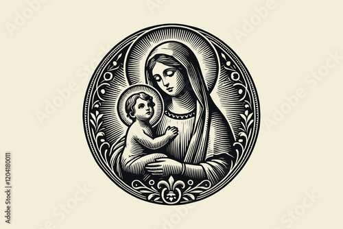 Vintage vector engraving of Madonna and Child Jesus in ornate emblem