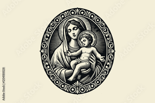 Vintage vector engraving of Madonna and Child Jesus in ornate emblem