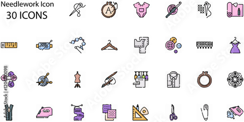 Set of needlework icons. Line art style icons bundle. vector illustration