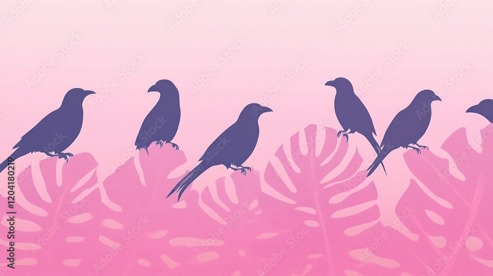 Pink sunset silhouette birds on leaves.