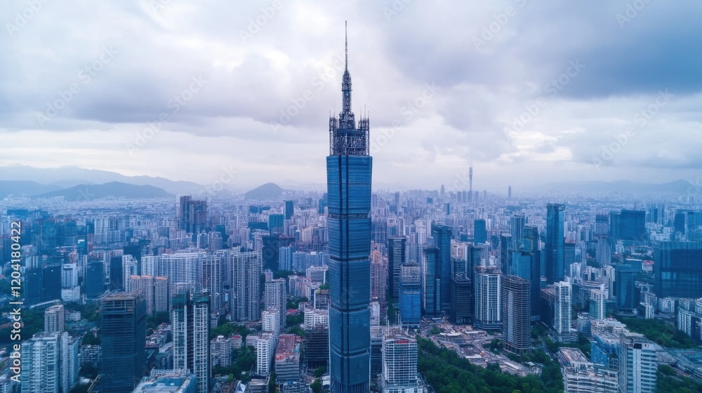 Obraz premium Aerial View of Skyscrapers and Urban Landscape with Modern Architecture and Cloudy Sky in Cityscape