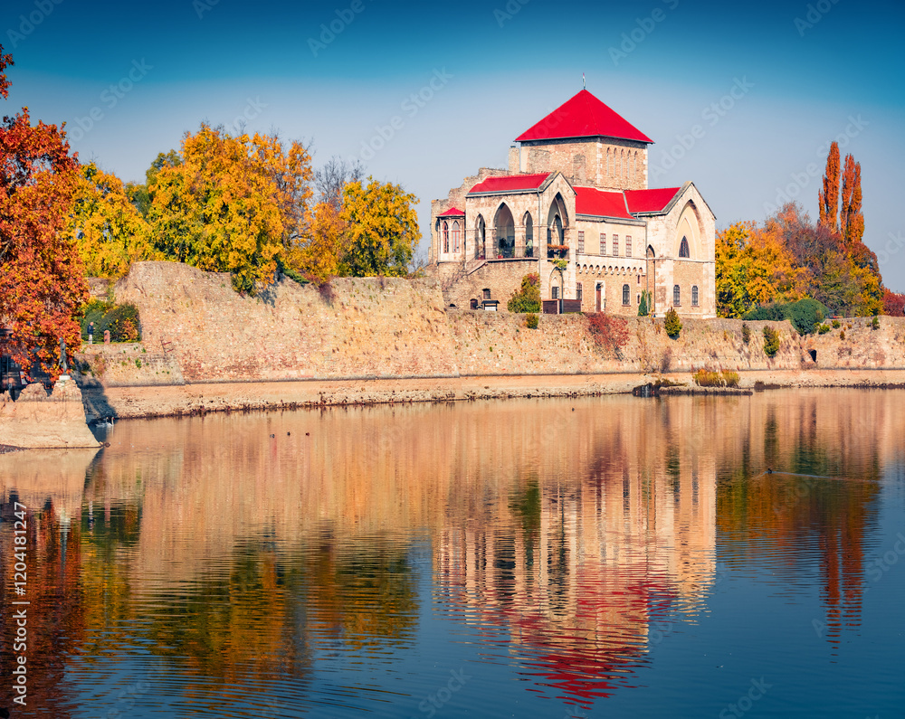 Calm autumn view of Tata Castle - 14th-century castle and museum with restored rooms and garden. Wonderful morning cityscape of Tata town on the shore of Tatai lake, Hungary, Europe. Calm autumn view of Tata Castle - 14th-century castle and museum with restored rooms and garden. Wonderful morning cityscape of Tata town on the shore of Tatai lake, Hungary, Europe.