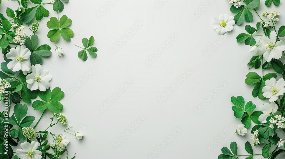 Fresh Green Leaves and White Flowers Frame with Space for Text Fresh Green Leaves and White Flowers Frame with Space for Text