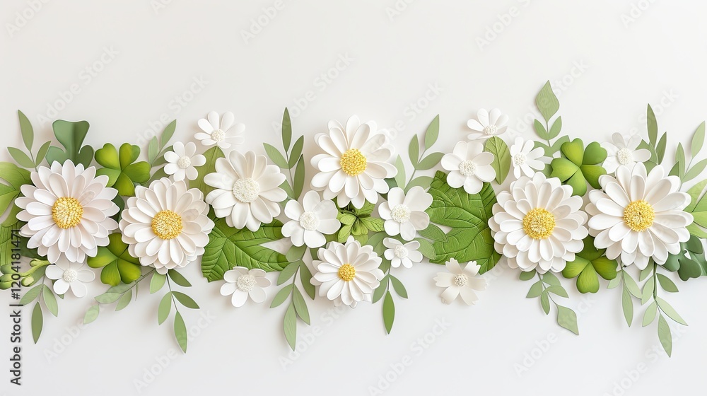 Elegant Paper Flowers Arrangement with Green Leaves on White Background Elegant Paper Flowers Arrangement with Green Leaves on White Background