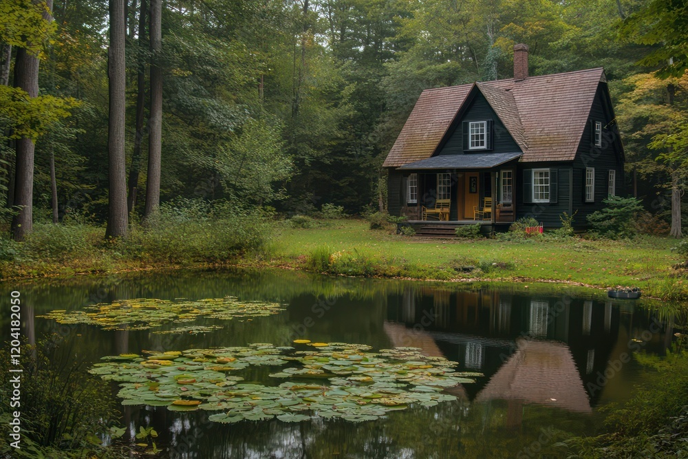 Obraz premium A peaceful cottage surrounded by tall trees and a serene pond with lily pads.