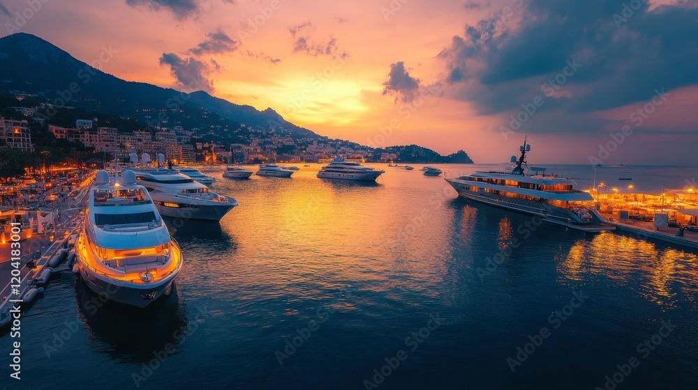Fototapeta premium A bustling marina at sunset with boats and yachts reflecting on calm waters