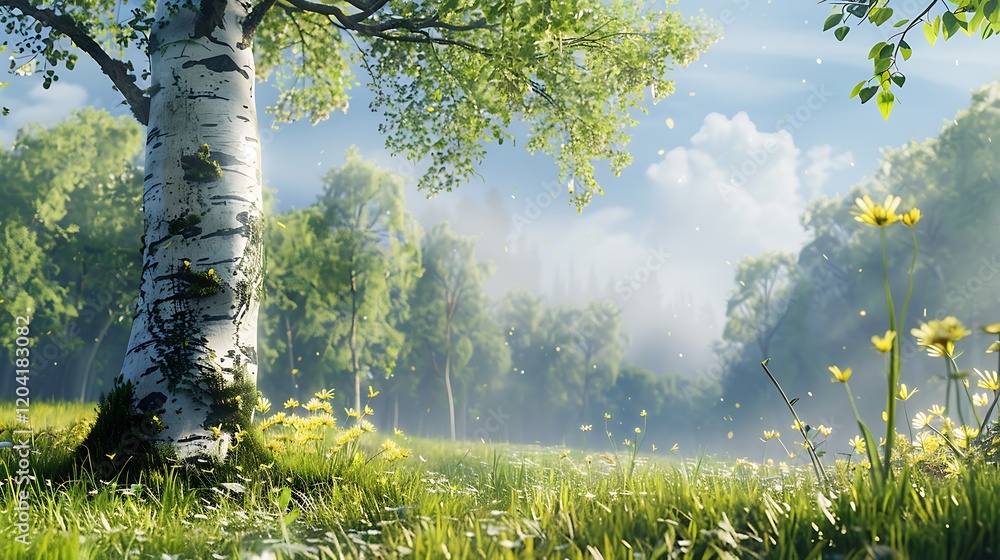Fototapeta premium Birch forest in the morning with green grass and blue sky