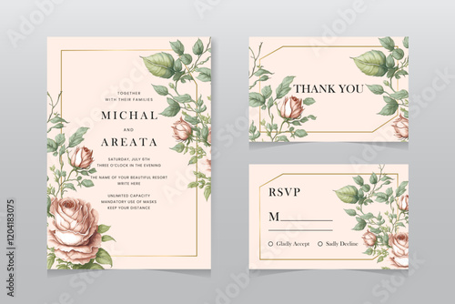 Hand drawn floral wedding stationery template. flowers invitation card. Floral pastel watercolor style wedding frame. Isolated and editable