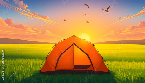 nature, grass, outdoors, summer, landscape, meadow, sunset, sun, rural scene, illustration, sunlight, cloud, sky, backgrounds, sunrise, dawn, mountain, green color, non-urban scene, yellow