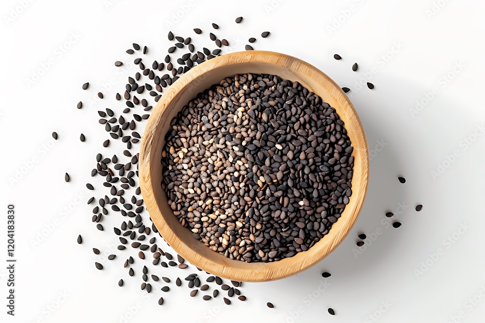 Black sesame seeds in a wooden bowl isolated on white background Black sesame seeds in a wooden bowl isolated on white background