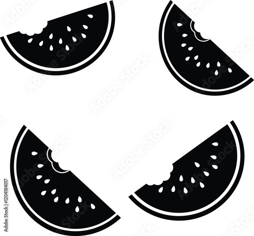 Nine vector illustrations of watermelon slices with bite marks in silhouette style.