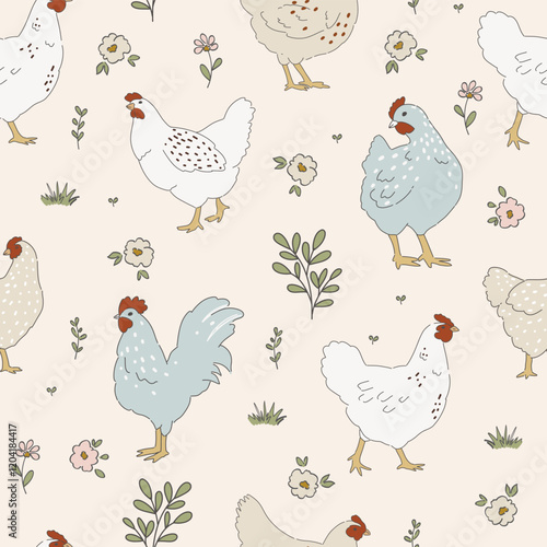 Chicken hand drawn clipart, seamless pattern with chicken birds, cottagecore country life style repeating vector background