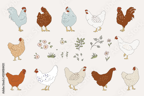 Set of cute farm birds, hen, chicken, rooster clipart, flowers and floral branches. Farm spring clipart, easter hand drawn clipart