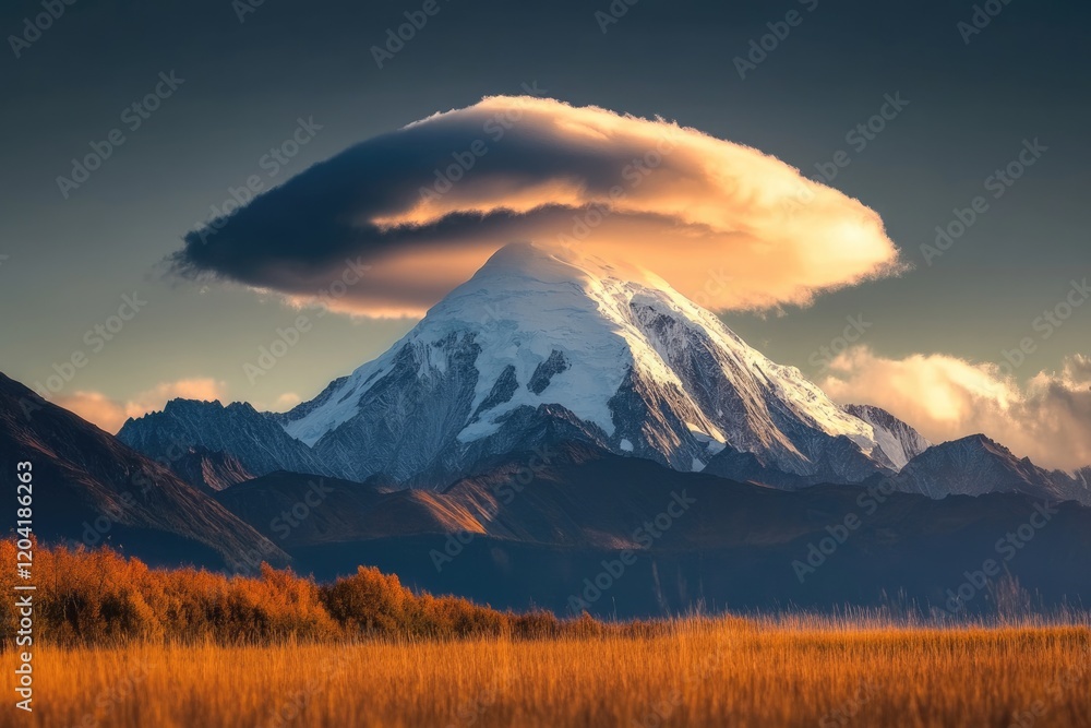 Fototapeta premium Majestic snow-capped mountain peak under a dramatic lenticular cloud formation at sunset.