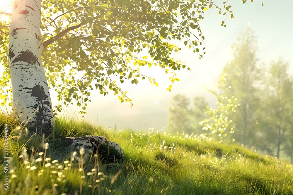 Fototapeta premium Birch forest in the morning with green grass and blue sky