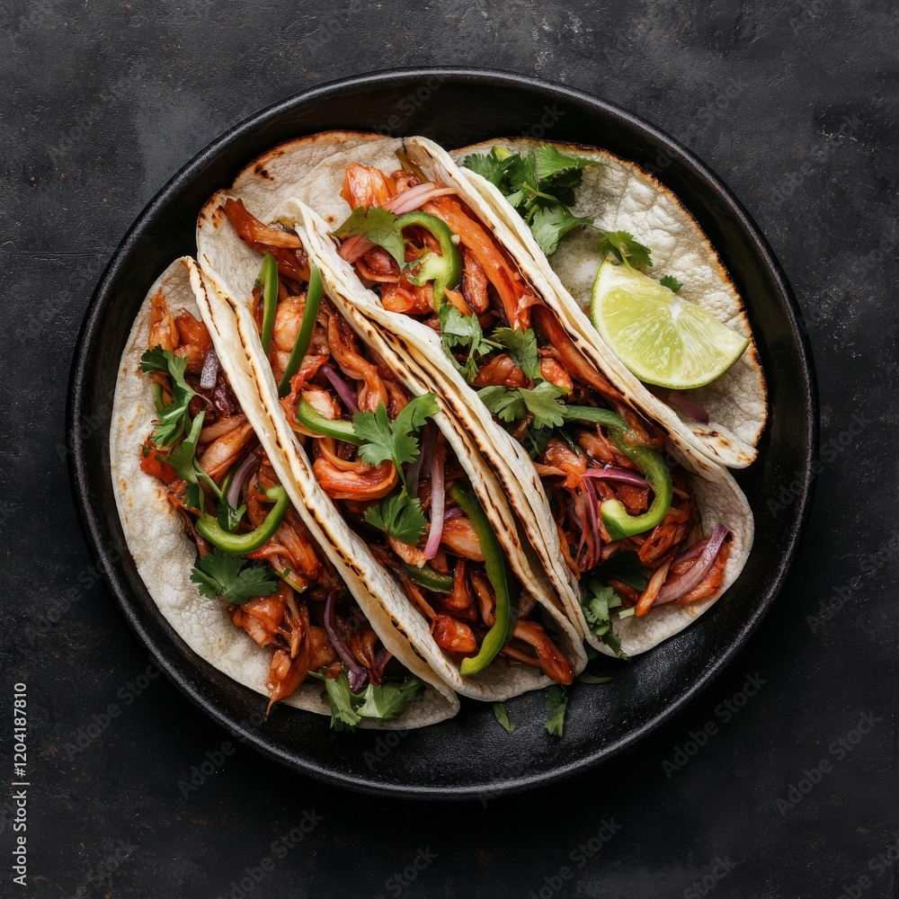 Three delicious tacos filled with colorful vegetables and garnished with fresh cilantro and lime, served on a dark plate. Three delicious tacos filled with colorful vegetables and garnished with fresh cilantro and lime, served on a dark plate.