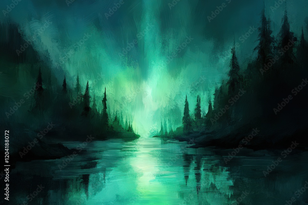 Obraz premium Serene Green Forest Lake Underneath An Aurora