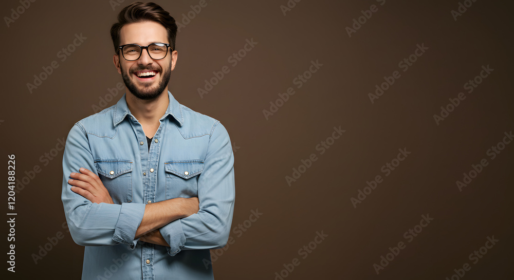 A cheerful and stylish man, dressed in a denim shirt and glasses, stands with his arms crossed and a smile on his face. A cheerful and stylish man, dressed in a denim shirt and glasses, stands with his arms crossed and a smile on his face.