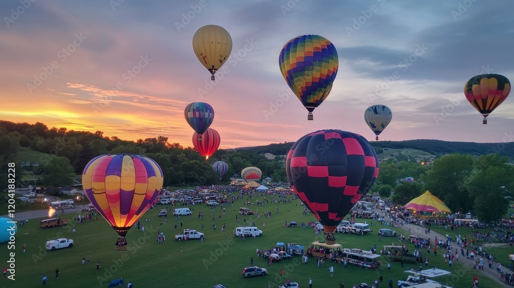 Fototapeta premium A colorful hot air balloon festival with dozens of balloons rising into the sky