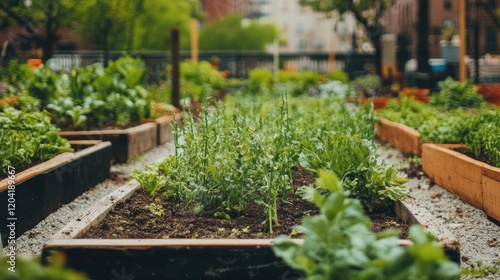 A well-maintained community garden with raised beds filled with vegetables and herbs.