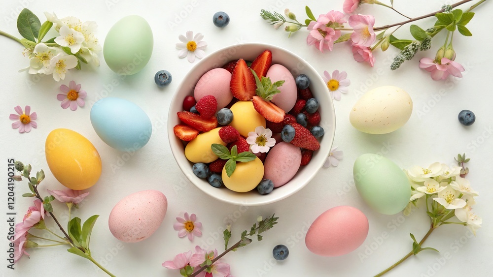 Easter eggs in soft pastels arranged with fresh fruit and flowers for a festive spring celebration Easter eggs in soft pastels arranged with fresh fruit and flowers for a festive spring celebration