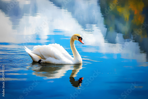 Canvas Print Graceful White Swan Gliding Through Crystal-Clear Waters of a Serene Norwegian F