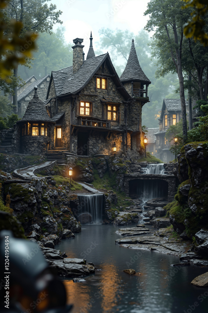 Fototapeta premium A small waterfall in front of a stone house in the woods