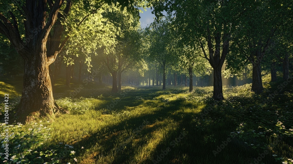A wide-angle view of a peaceful forest glade, with dappled sunlight filtering through the trees. A wide-angle view of a peaceful forest glade, with dappled sunlight filtering through the trees.