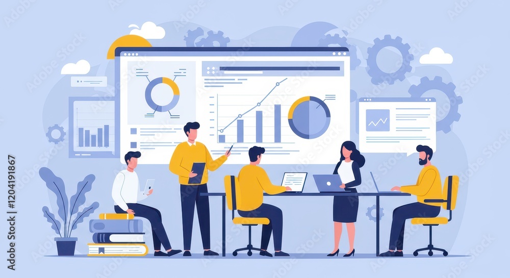 A flat illustration of a team in a business meeting A flat illustration of a team in a business meeting