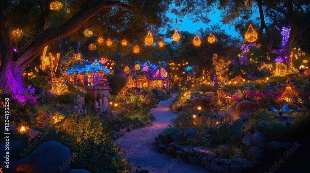 Fototapeta premium Charming village with glowing lights and mystical atmosphere in vibrant colors