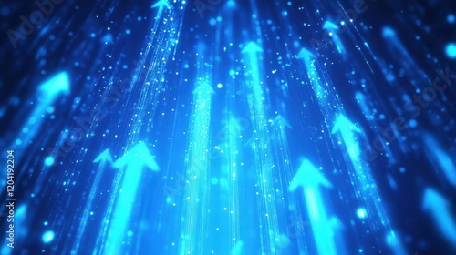 A blue background with glowing arrows pointing upwards, representing growth and progress in the digital age. The arrows symbolize positive movement towards success or change.