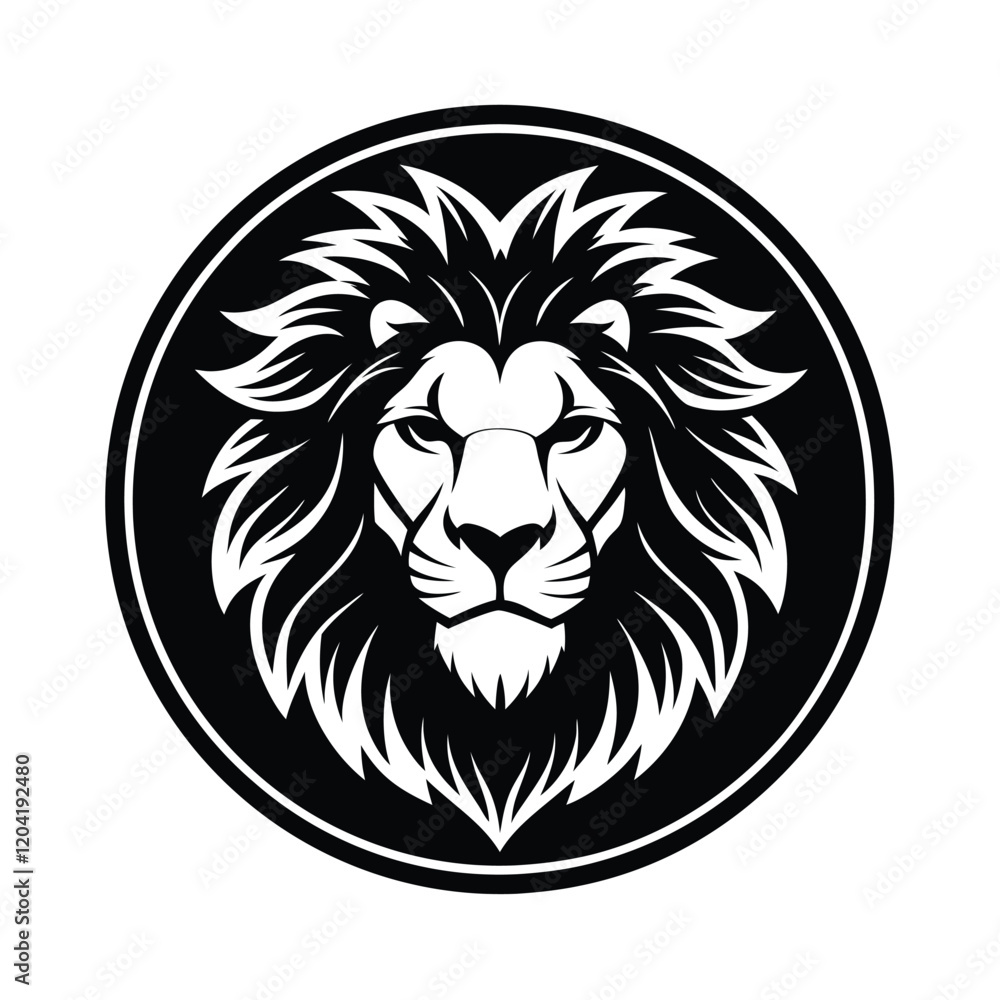 Fototapeta premium Lion Head Silhouette in Circle Vector Art - Black Lion Head Design