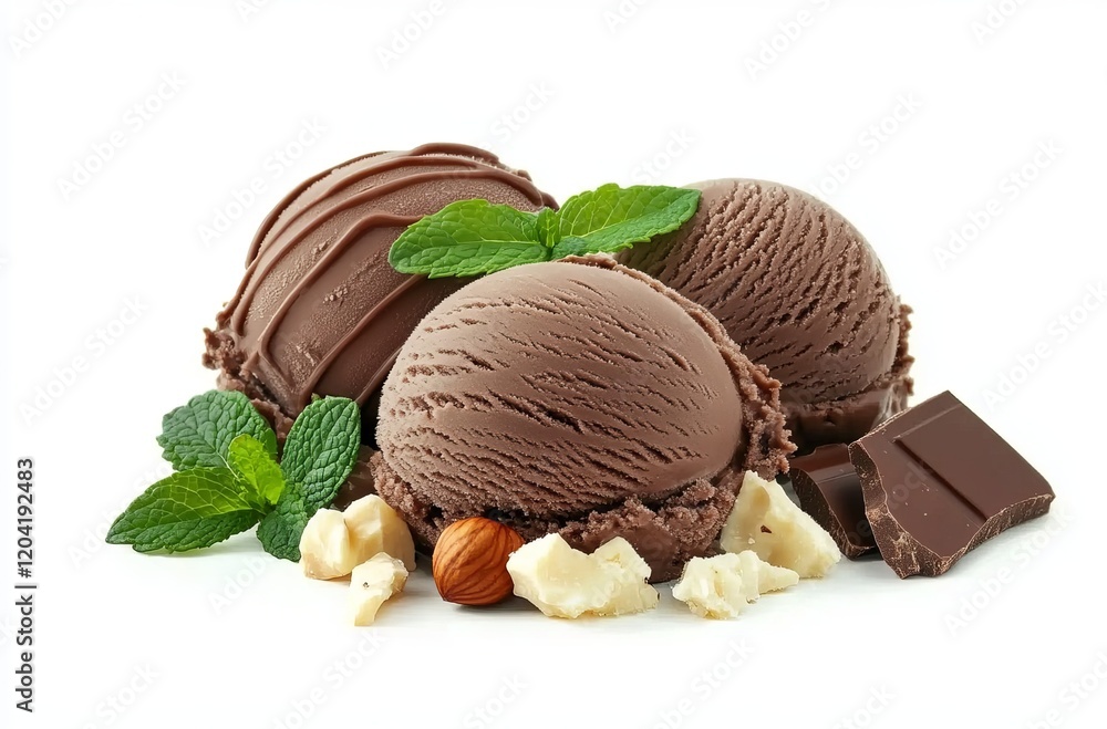 3 scoops of dark chocolate ice cream with hazelnuts and mint leaves, pieces of broken white chocolate on the side, isolated on a white background 3 scoops of dark chocolate ice cream with hazelnuts and mint leaves, pieces of broken white chocolate on the side, isolated on a white background