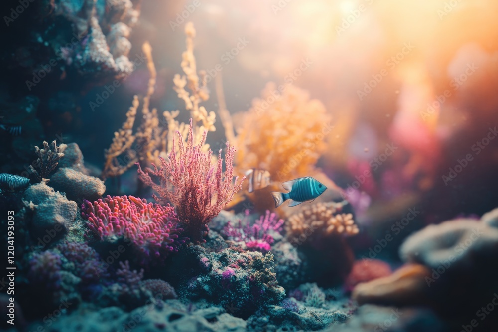 Fototapeta premium Vibrant coral reef teeming with life, showcasing colorful fish and diverse marine flora in a sunlit underwater scene.