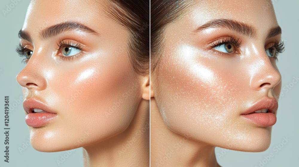 Close-Up Side View Portrait of a Woman with Radiant Skin Glow Effects Close-Up Side View Portrait of a Woman with Radiant Skin Glow Effects