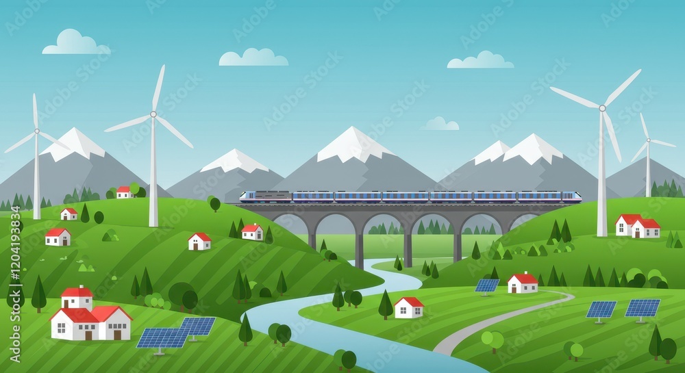 A flat illustration of a sustainable landscape with wind turbines, solar panels, and small white houses scattered on rolling green hills A flat illustration of a sustainable landscape with wind turbines, solar panels, and small white houses scattered on rolling green hills