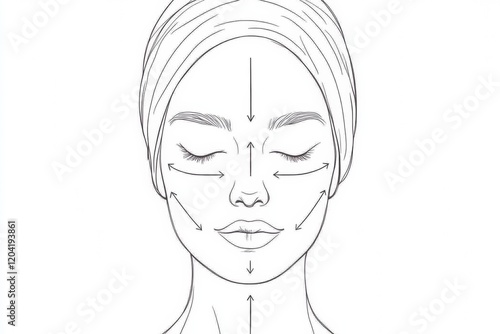 Line drawing of a woman’s face with directional arrows showing facial massage techniques. Ideal for beauty tutorials, skincare routines, and wellness guides.